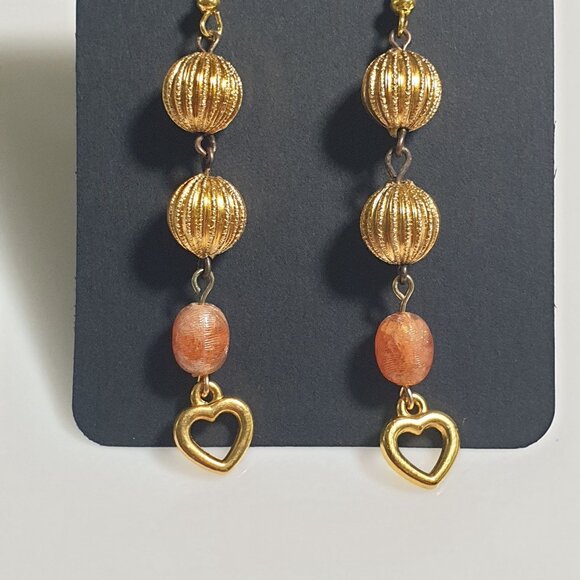 Handmade By Donovan Gold Tone Peach Dangle Earrings 3 Inch Hook Heart Bead Gift - Picture 2 of 4